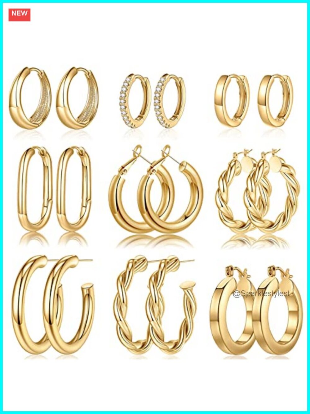 9 Pairs 14K Gold Plated Chunky Hoop Earrings Hypoallergenic Set Gift Box